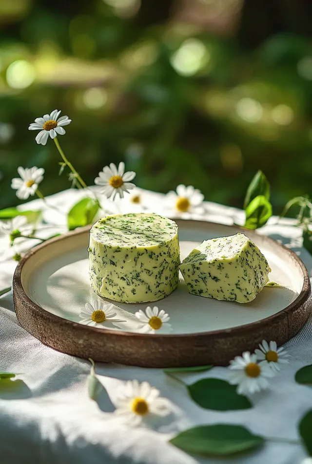 Herb-infused butter cubes on rustic ceramic plate with chamomile flowers and leafy greenery