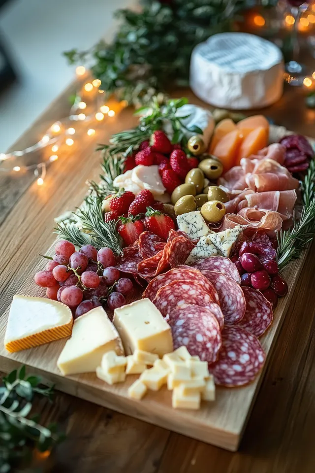 Charcuterie board on a wooden table with cheeses, grapes, strawberries, olives, cured meats, and rosemary under warm string lights.