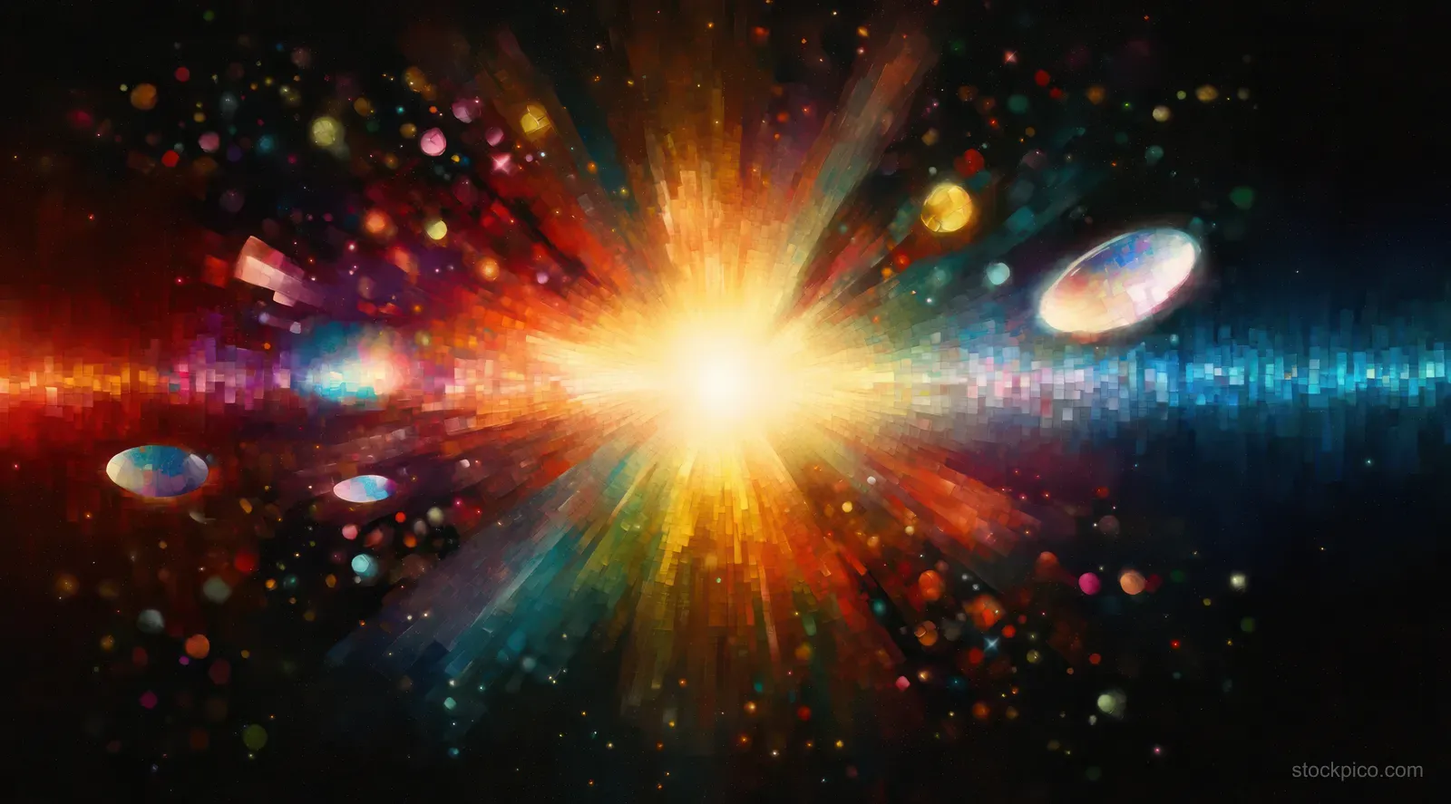 A bright multicolored light burst with glowing particles and distant planets expands across a dark space background.