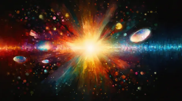 A bright multicolored light burst with glowing particles and distant planets expands across a dark space background.