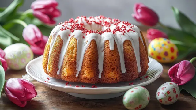 Golden bundt cake with white icing and red sprinkles on a plate surrounded by decorated Easter eggs and pink tulips.