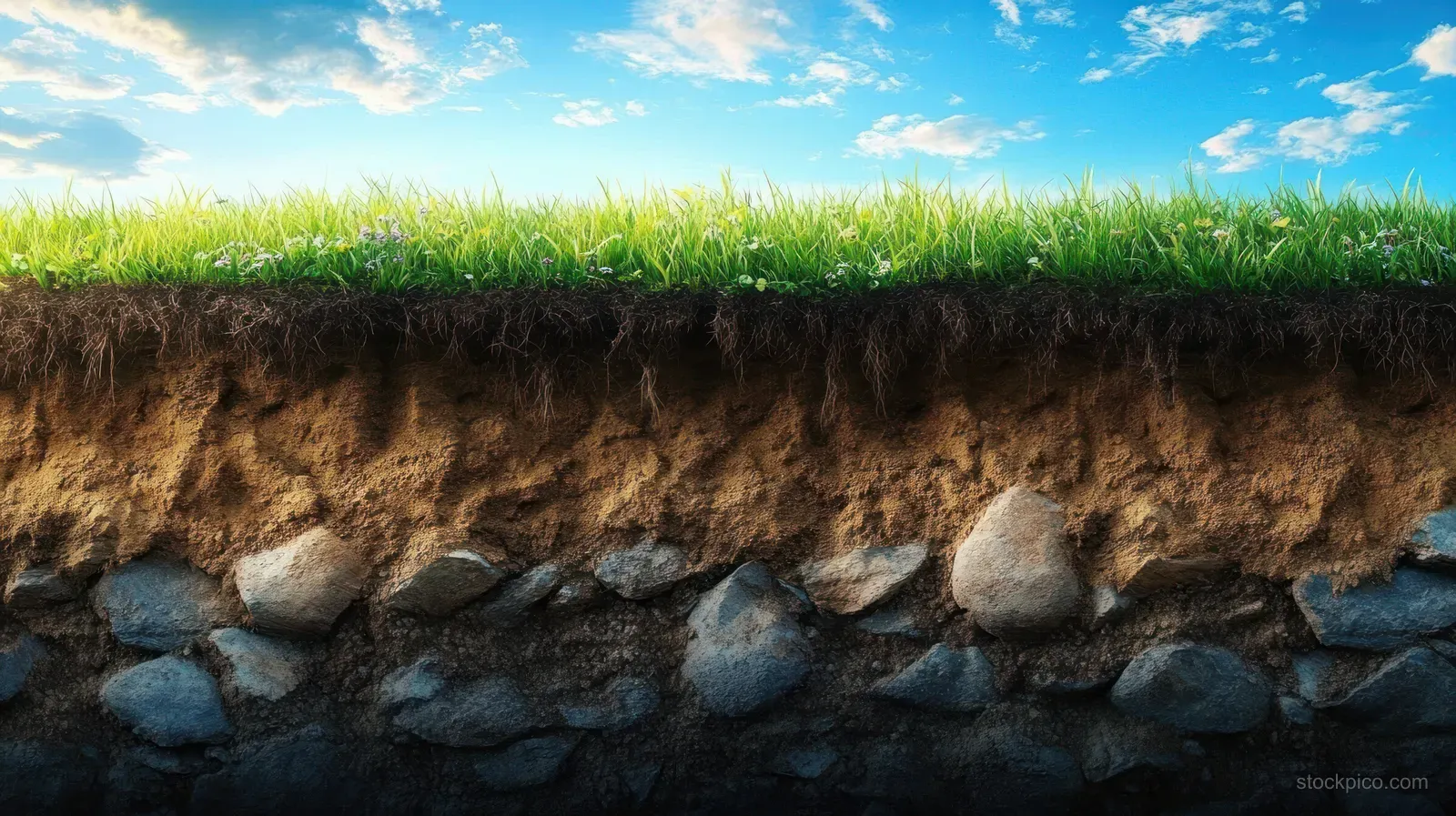 Soil cross-section beneath green grass showing stacked rock and soil layers under a blue sky with clouds.