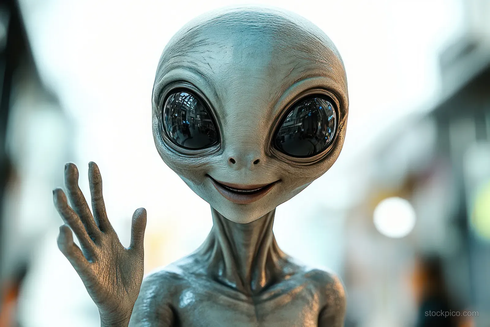 Smiling grey alien with large black eyes waves hello indoors against a softly blurred background.