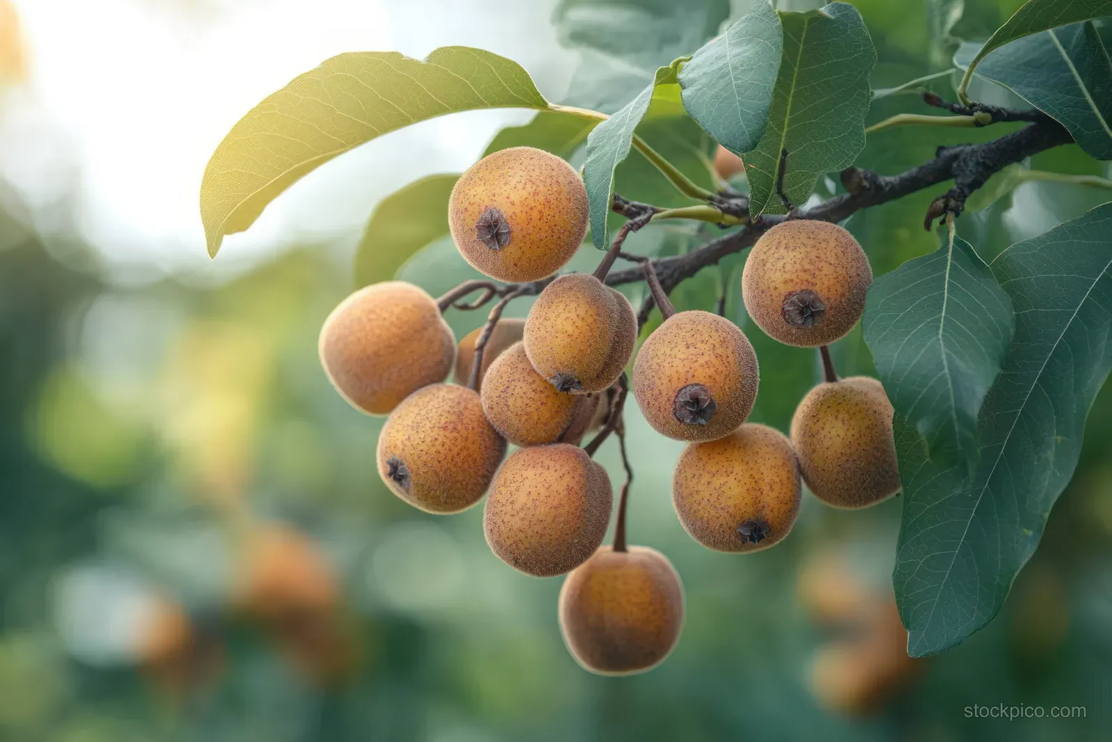 Ripe brown medlar fruits cluster hangs from a tree branch beside green leaves in natural outdoor light.