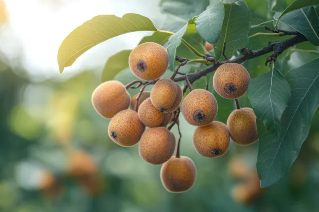 Ripe brown medlar fruit cluster hanging from a tree branch with green leaves
