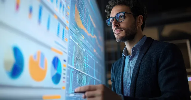 Analyst in office reviewing dashboard graphs on large digital screen