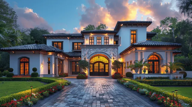 A Spanish colonial stucco home at dusk with black shutters, arched entryways, and a lit paver driveway leading to the garden.