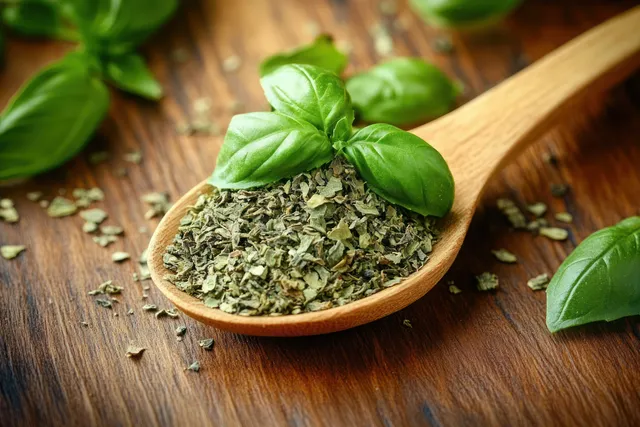 Dried basil flakes in a wooden spoon with fresh basil leaves on a rustic wooden table.