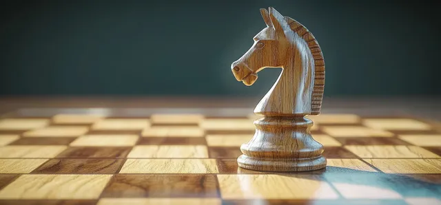 A chess knight piece stands on a wooden chessboard with warm light and a clear shadow.