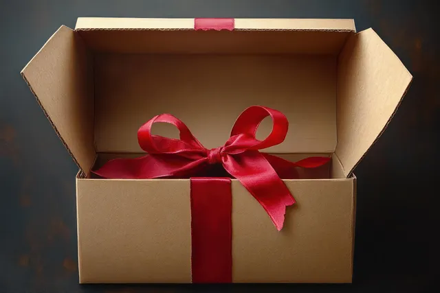 Open brown cardboard gift box with a red satin ribbon bow inside on a dark background.