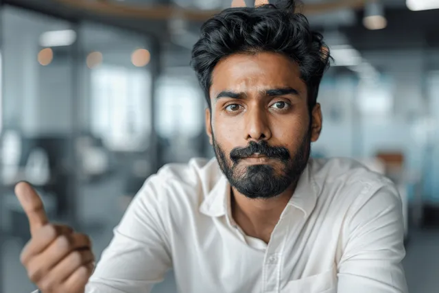 Bearded young Indian man arguing to camera in office during live video call