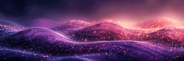 Grainy purple to magenta gradient backdrop with glowing specks over dark flowing wave shapes.