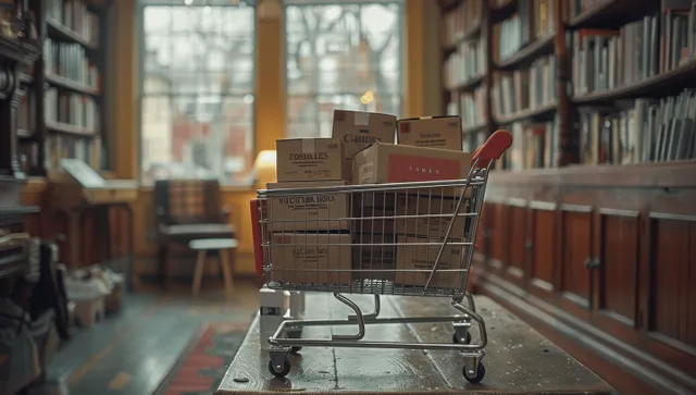 A miniature shopping cart with delivery boxes sits on a laptop keyboard in a softly lit indoor library-like setting.