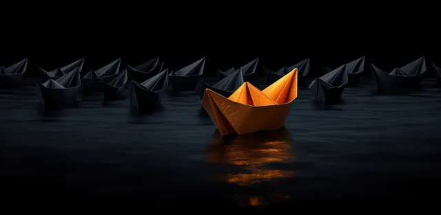 A golden origami paper boat leads a dark fleet across a shadowy reflective surface.