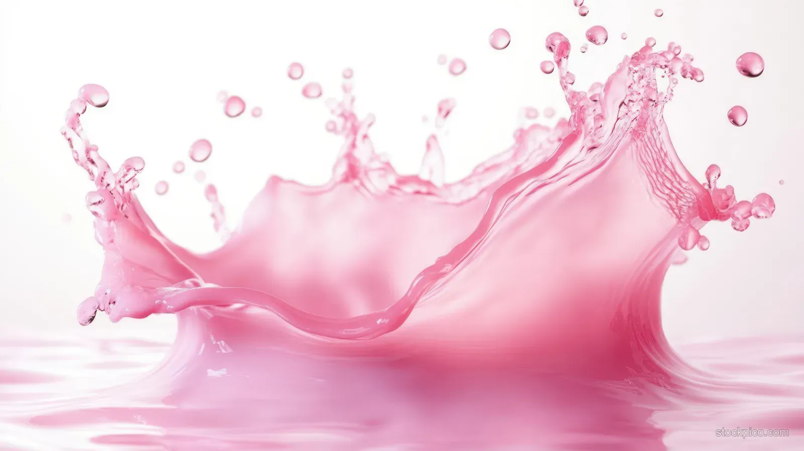 Pink yogurt cream splashes upward with small bubbles and strawberry-like droplets on a white background.