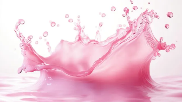Pink yogurt cream splash with strawberry droplets over a clean white background