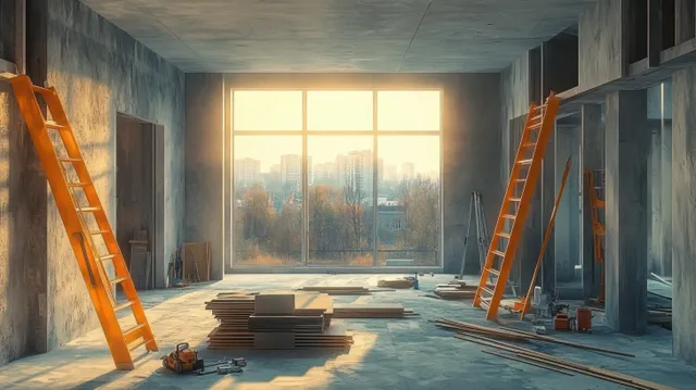 Orange ladders and stacked boards sit in an unfinished interior, with a large window revealing a city skyline in warm sunlight.