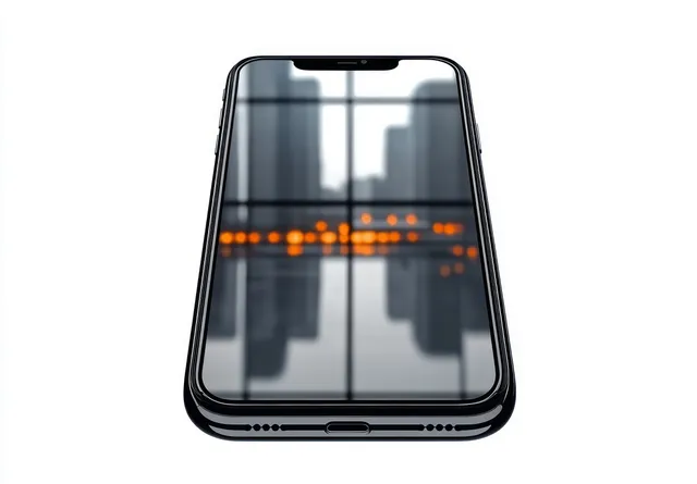 Black smartphone face up reflecting a window and blurred orange-lit city skyline