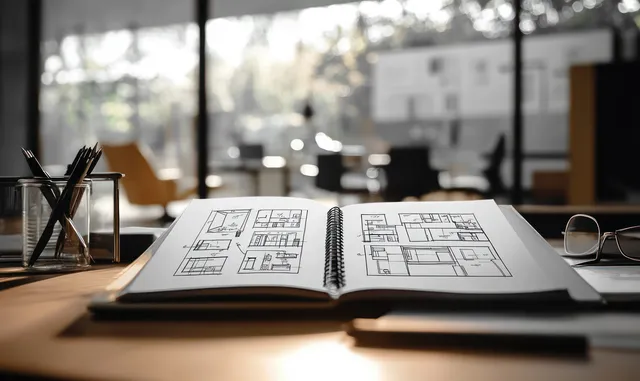 Open architectural blueprint book on an office desk with floor plan drawings and nearby pens in natural light.