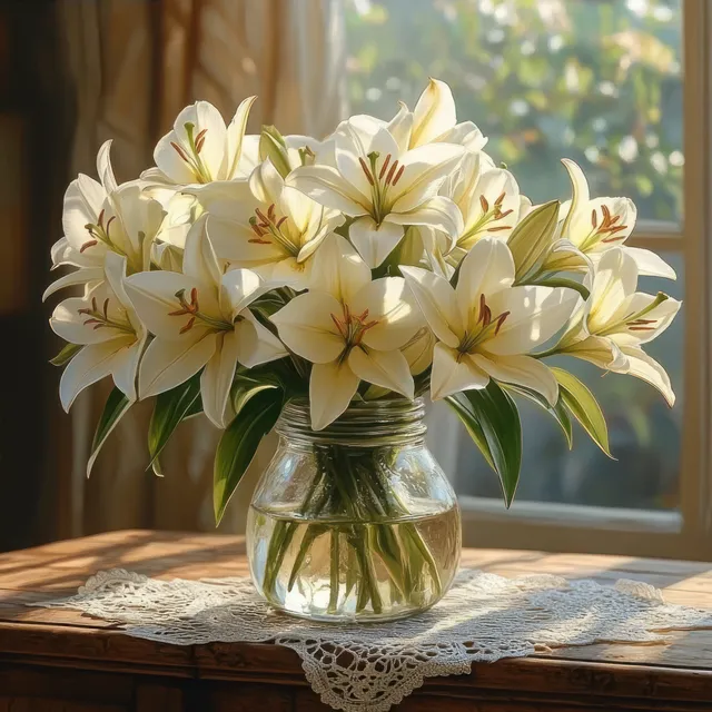 White lilies bloom in a clear glass vase on a wooden table beside a lace doily near a sunlit window.