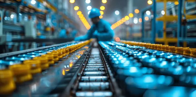 Technician monitors gauges next to an injection molding machine producing plastic parts in a blue factory setting.