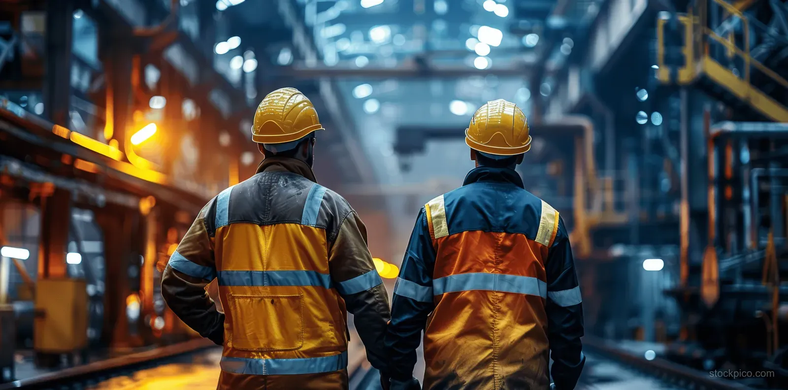 Two hardhat workers in high-visibility vests walk through a steel factory aisle with large machinery behind them.