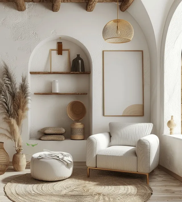 White armchair in a minimal living room with a vertical blank frame on an arched white wall.