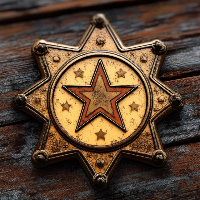 Worn sheriff badge with star emblem on rustic weathered wood with visible patina.