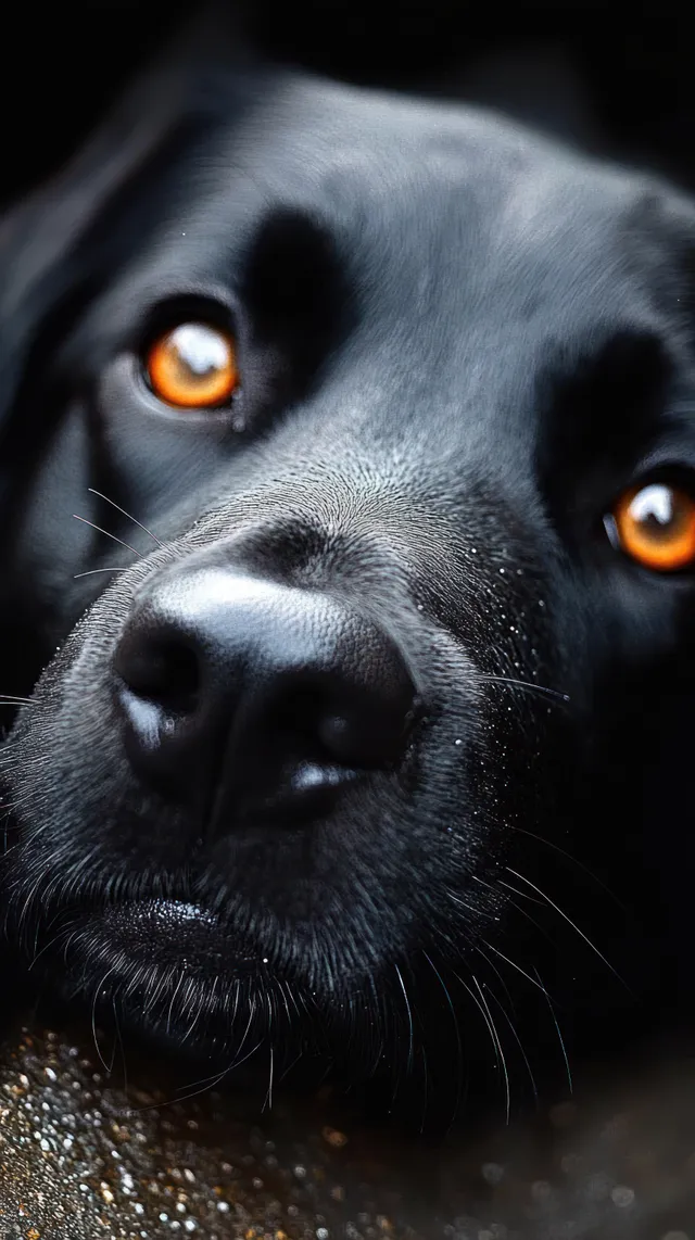 Black dog close-up with shiny fur and vivid orange eyes staring intently against a dark background.