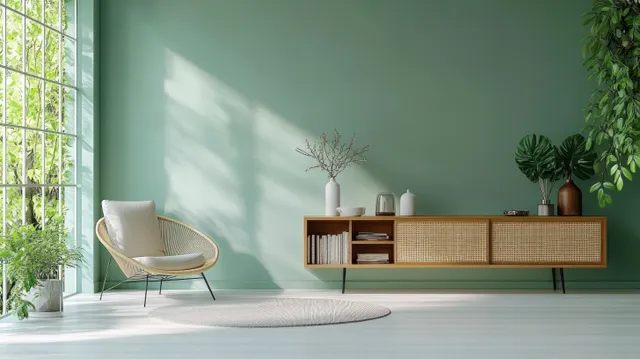 Mint green living room with minimalist sofa, wooden sideboard, rug, and daylight from a large window.