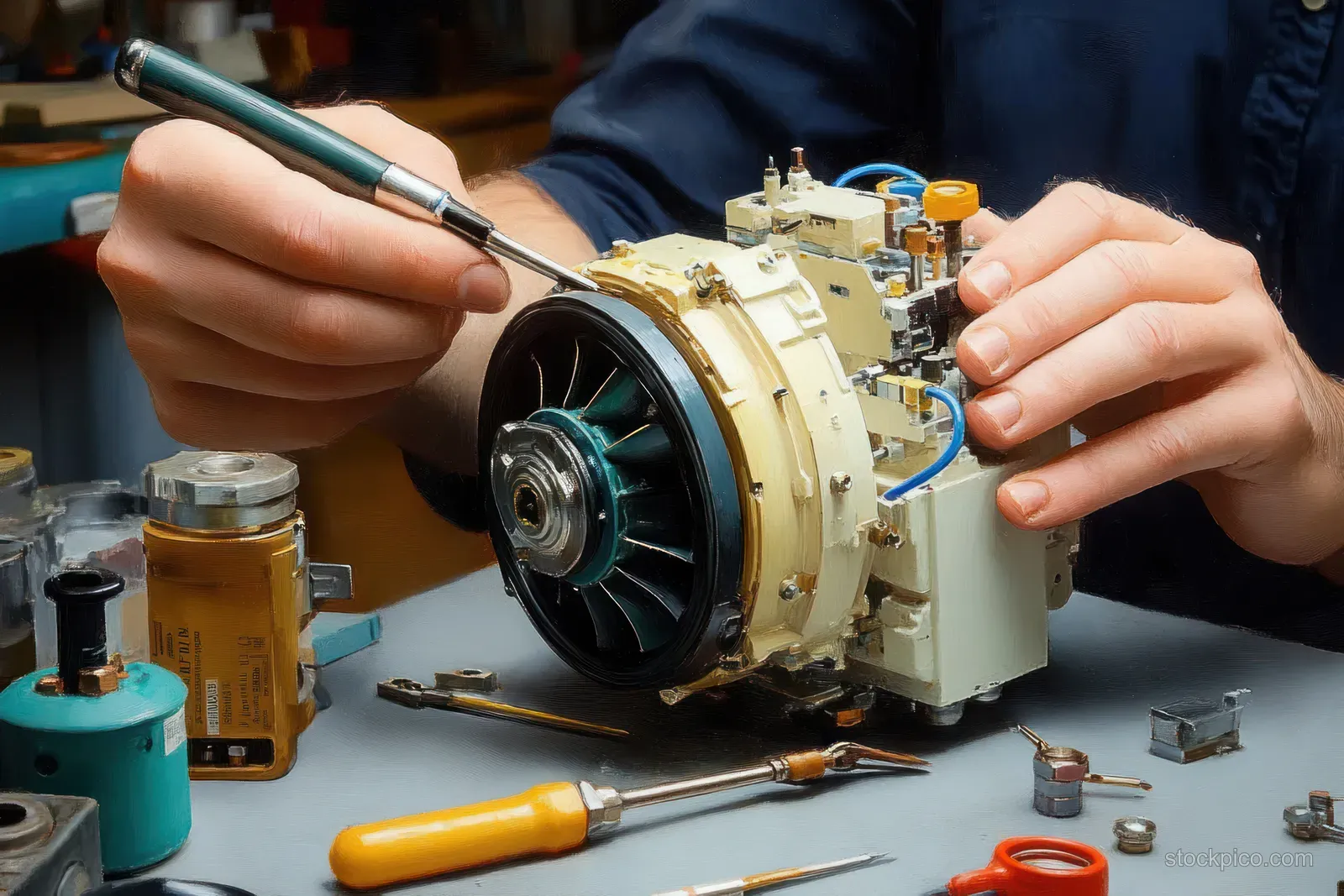 Technician hands repair a small mechanical device on a workbench with tools, screws, and wires around it.