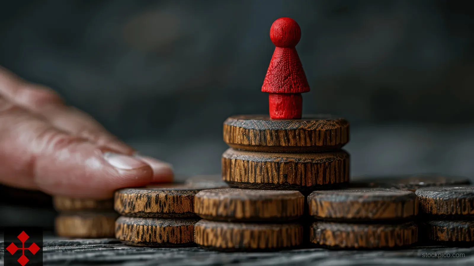 A hand sets a red wooden figure on the top stair of stacked wood blocks with other figures below on a dark background.