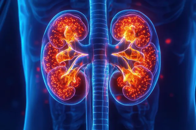 Glowing orange kidneys and surrounding translucent anatomy with a visible spinal column on a blue background.