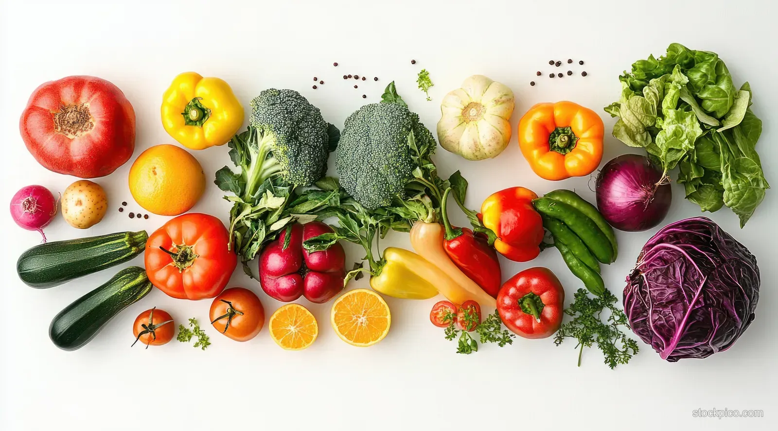 Assorted fresh vegetables arranged overhead on a white background.