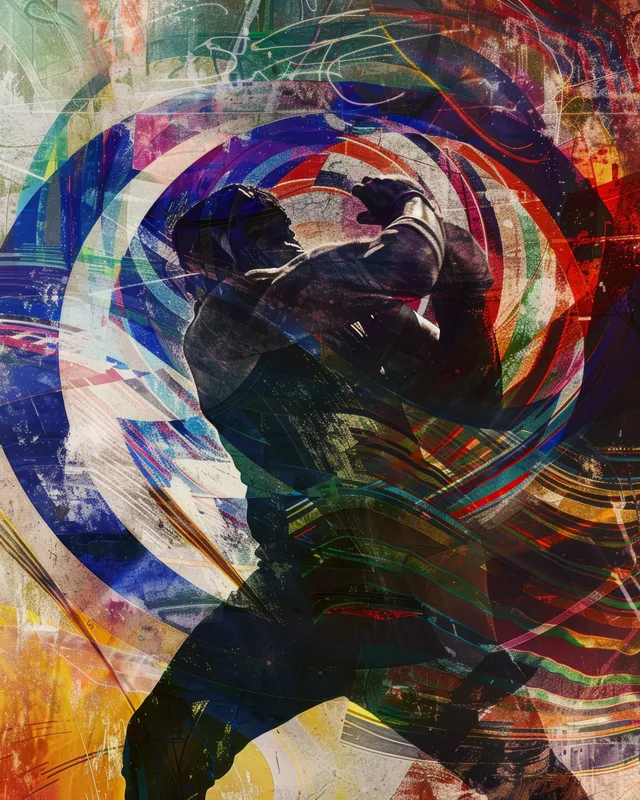 Silhouetted wrestler mid-throw with swirling abstract paint colors and circular graphic shapes behind.