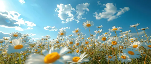 Daisies bloom in a sunny green meadow beneath a bright blue sky with scattered clouds.