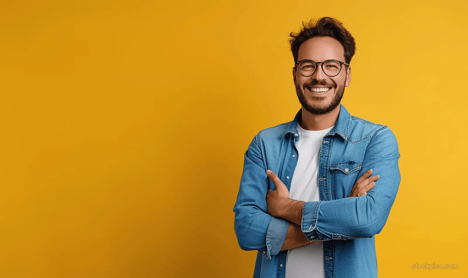 Smiling man in a blue shirt and glasses points toward empty copy space on a solid yellow background.