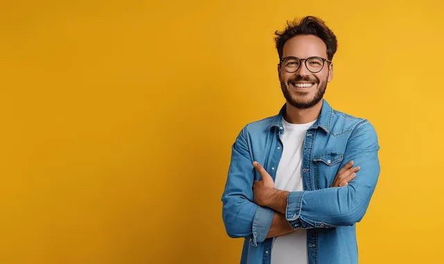Smiling man in blue shirt with glasses pointing left beside copy space on yellow backdrop