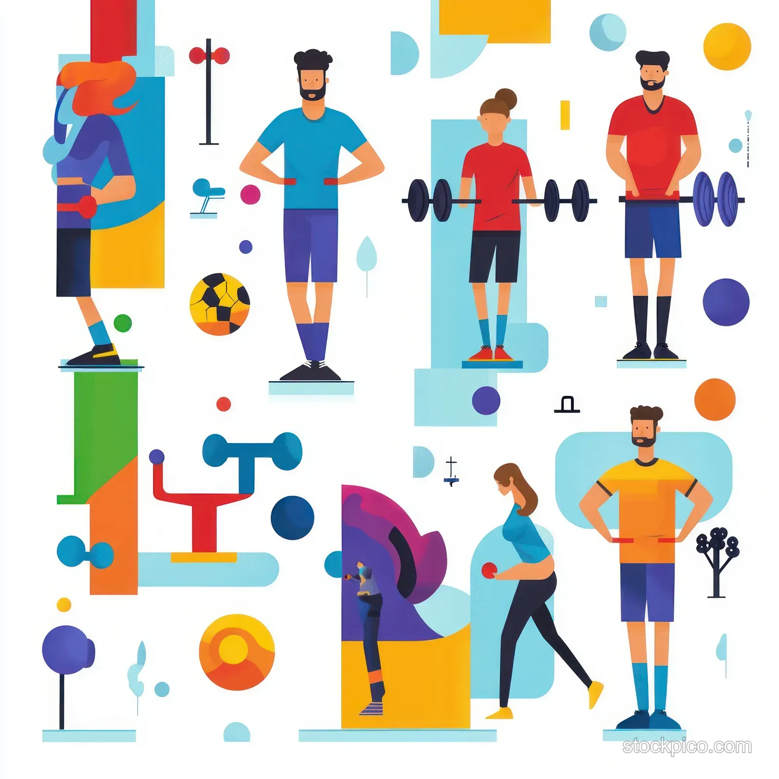 Flat illustration collage of diverse athletes performing weightlifting, running, boxing, and yoga with gym equipment.