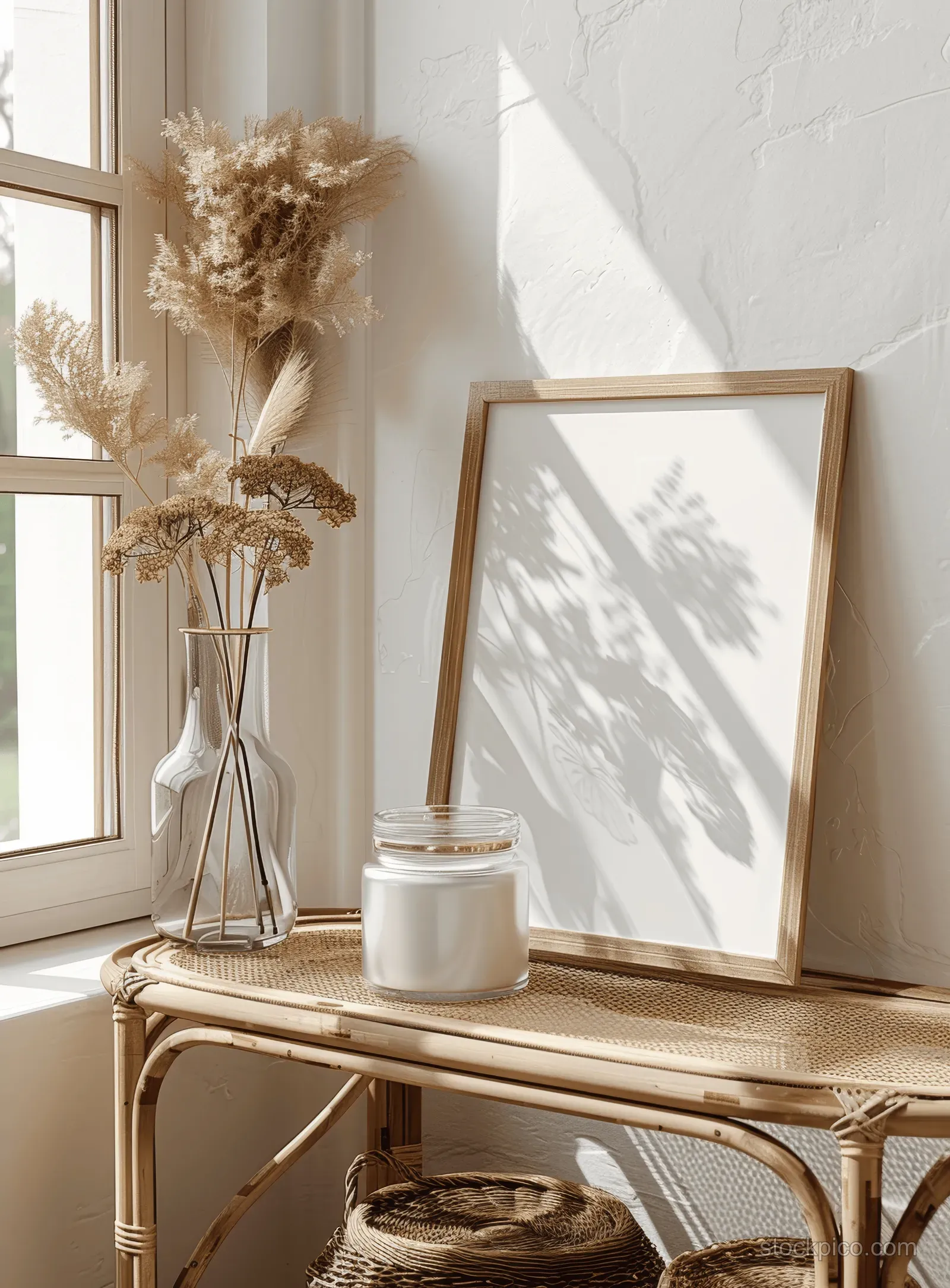 Blank framed wall art sits on a rustic shelf with a scented diffuser and rattan decor near a sunlit window.