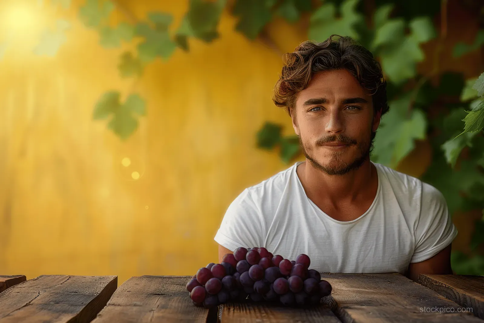 Smiling young man in a white shirt behind a wooden table with grapes against a warm yellow garden background.