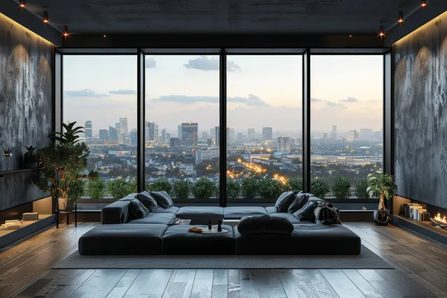 Modern black living room with parquet flooring and panoramic city windows, featuring minimalist furniture and a sleek table.