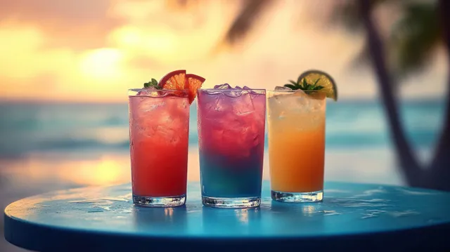 Three tropical cocktails with ice and citrus garnishes on a blue table at sunset