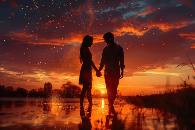 Silhouette couple holding hands at sunset by lakeside meadow with glowing burning particles