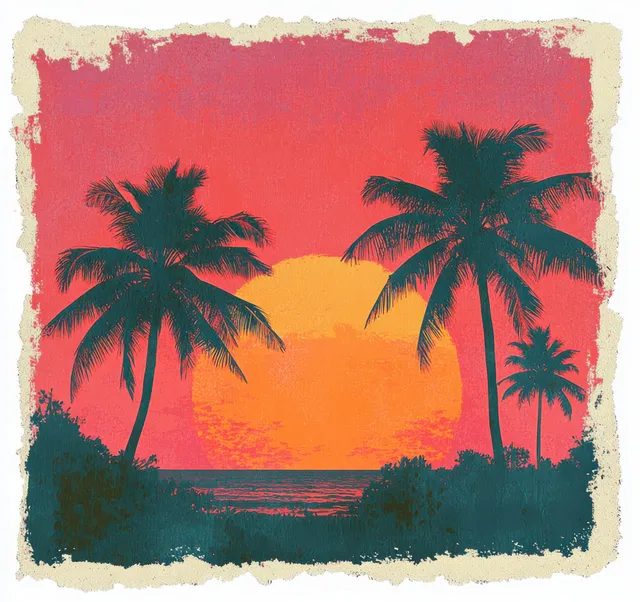 Tropical sunset over ocean with silhouetted palm trees and lush coastal vegetation
