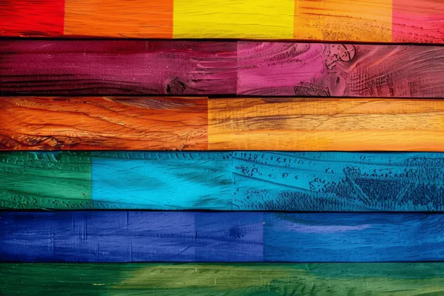 Rainbow LGBTQIA+ pride flag colors painted across textured wooden planks with visible wood grain.