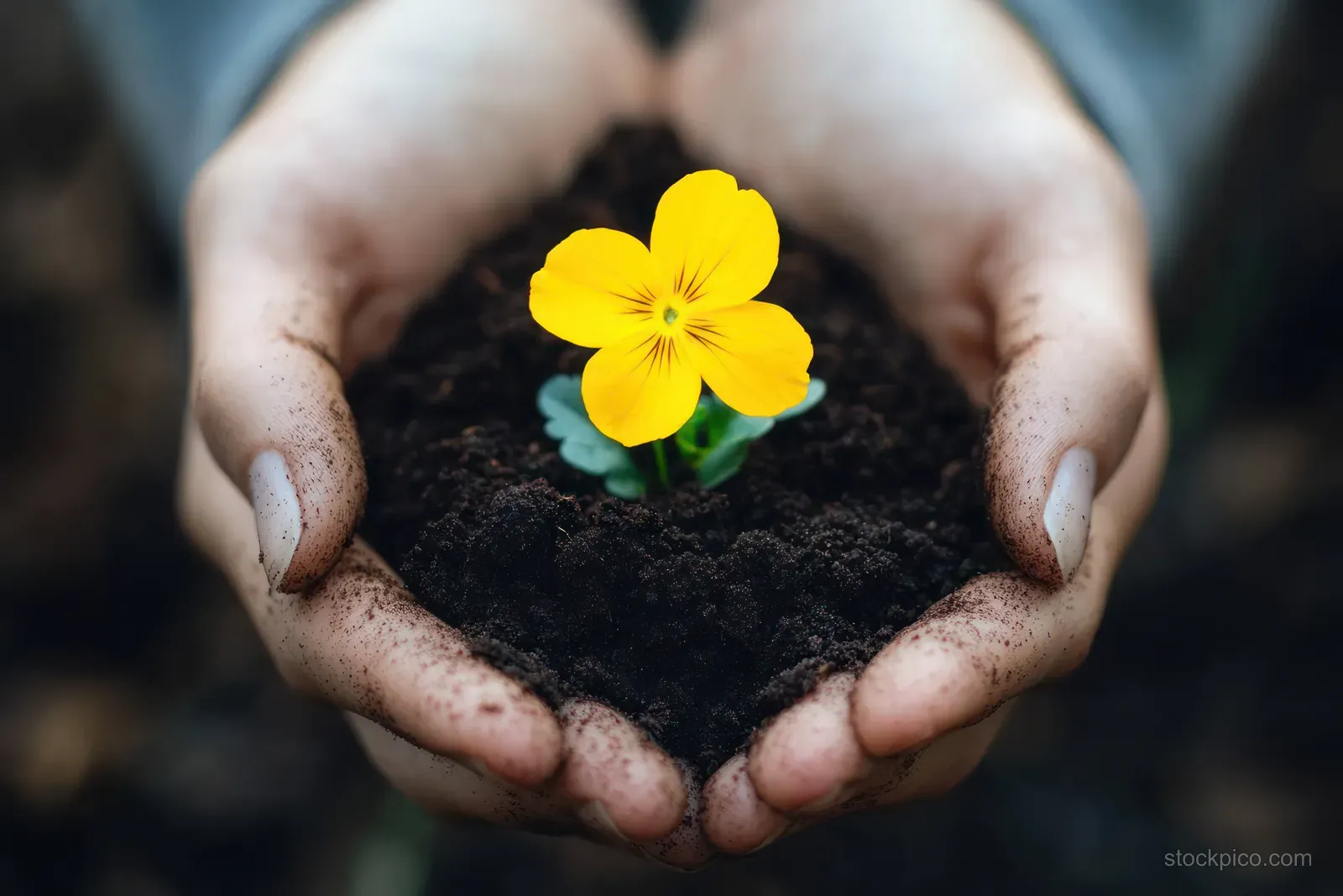 Close-up of hands cradling dark soil while a small yellow flower sprouts from the ground.