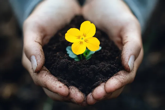 Hands cradle dark soil with a bright yellow seedling flower emerging in spring light