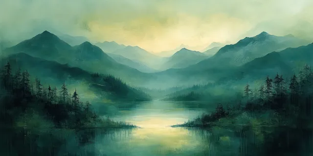 Misty green mountain valley with a glowing river and layered haze, painted in textured impressionist style.
