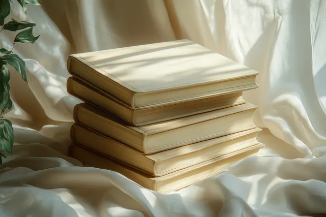 Stack of blank books on soft fabric with natural window light and gentle shadows